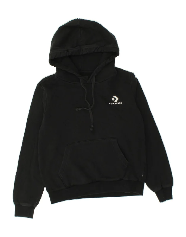 CONVERSE Womens Hoodie Jumper UK 16 Large Black Cotton Hoodie with Back Slit Movement Comfort