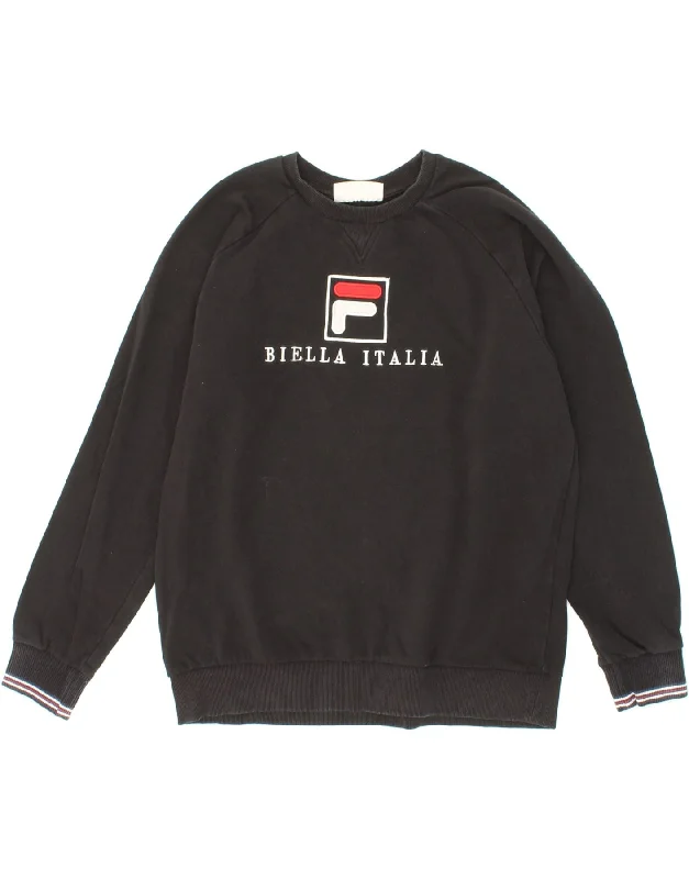 FILA Mens Graphic Sweatshirt Jumper Small Black Cotton Hoodie with Bell Sleeves Flared Feminine