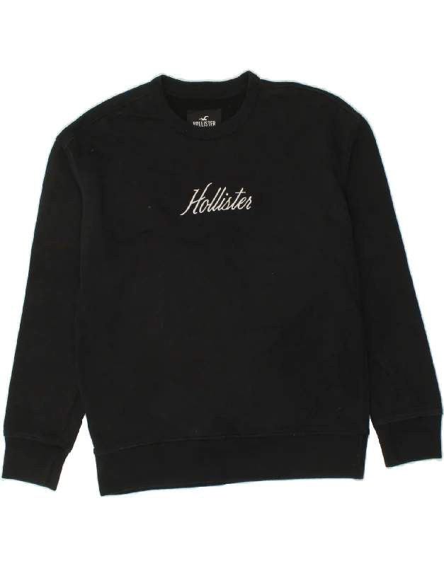 HOLLISTER Mens Graphic Sweatshirt Jumper Small Black Hoodie with Mock Neck Collared Structured