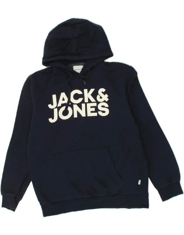 JACK & JONES Mens Graphic Sweatshirt Jumper Large Navy Blue Cotton Hoodie with Zipper Placket Modern Functional