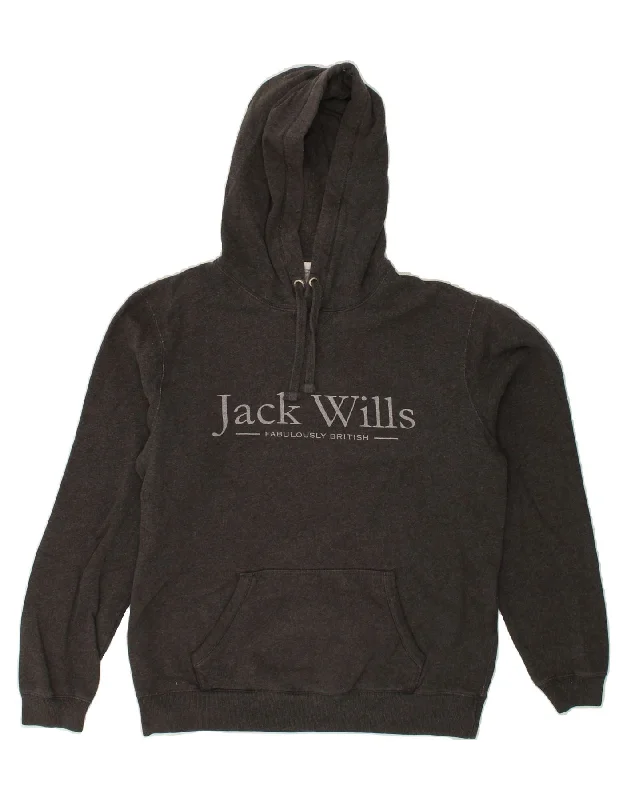 JACK WILLS Mens Graphic Hoodie Jumper Small Grey Cotton Hoodie with V-Neck Classic Versatile