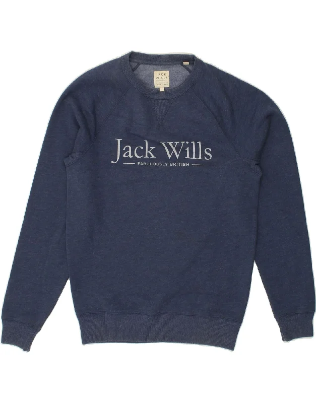 JACK WILLS Mens Graphic Sweatshirt Jumper Small Navy Blue Cotton Hoodie with Rolled Sleeves Casual Relaxed