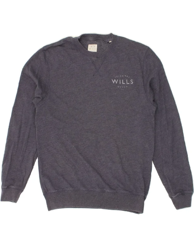 JACK WILLS Mens Sweatshirt Jumper Small Navy Blue Cotton Hoodie with Ribbed Hem Stretchable Secure