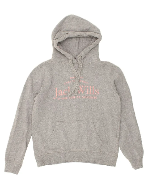 JACK WILLS Womens Oversized Graphic Hoodie Jumper UK 10 Small Grey Cotton Hoodie with Side Slits Relaxed Casual