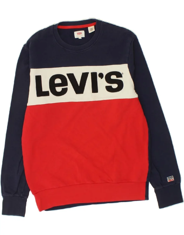 LEVI'S Mens Graphic Sweatshirt Jumper Medium Navy Blue Colourblock Cotton Hoodie with Half-Zip Sporty Casual