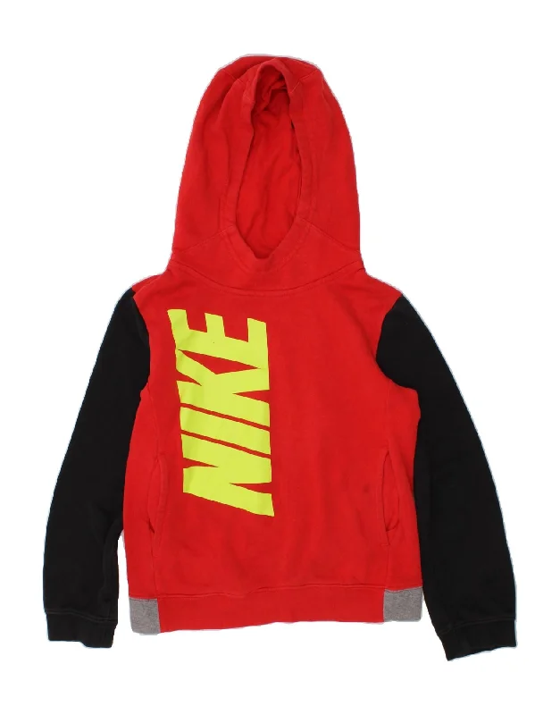 NIKE Boys Graphic Hoodie Jumper 6-7 Years Red Colourblock Cotton Hoodie with Distressed Vintage Worn