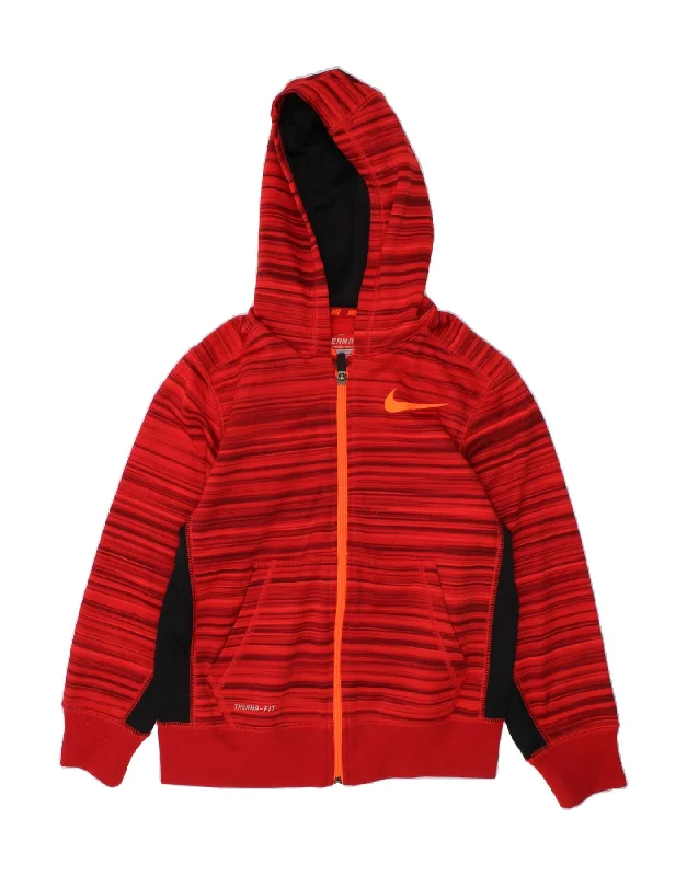 NIKE Boys Therma-Fit Zip Hoodie Sweater 8-9 Years Small  Red Colourblock Hoodie with High Neck Warm Protective