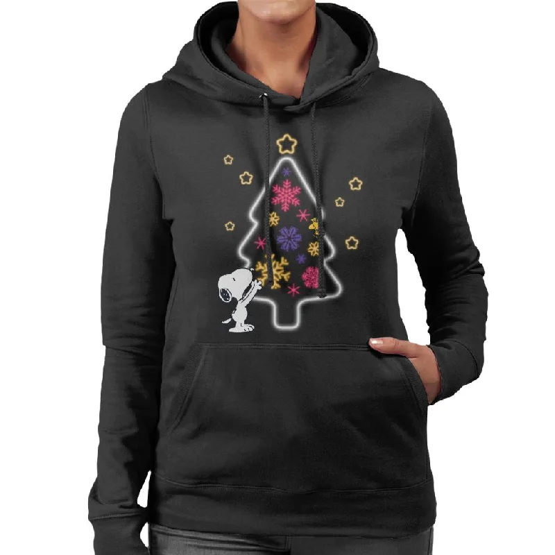 Peanuts Snoopy Woodstock Xmas Tree Neon Glow Women's Hooded Sweatshirt Hoodie with Strings Custom Fit Adjustable Peanuts Snoopy Woodstock Xmas Tree Neon Glow Women's Hooded Sweatshirt Hoodie with Strings Custom Fit Adjustable