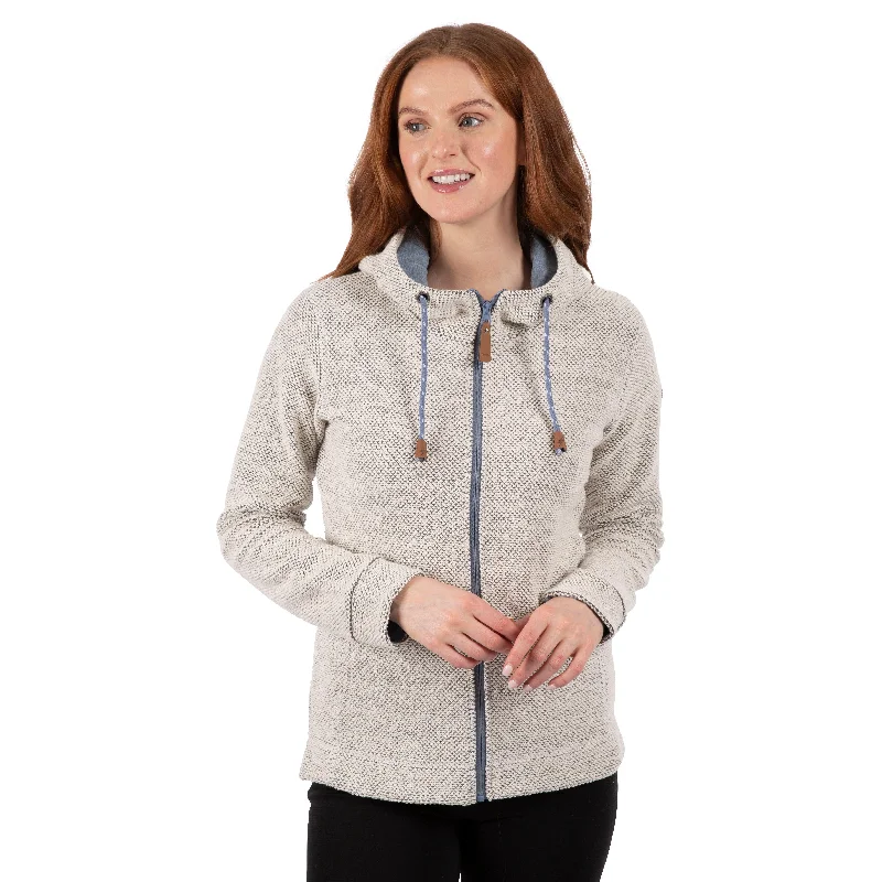 Ronee Women's Full Zip Knitted Hoodie in Off White Denim Blue Hoodie with Longline Fit Extended Stylish