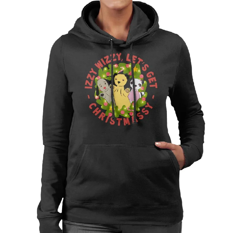 Sooty Christmas Illuminated Wreath Izzy Wizzy Lets Get Chrismassy Women's Hooded Sweatshirt Hoodie with Rhinestones Sparkly Elegant