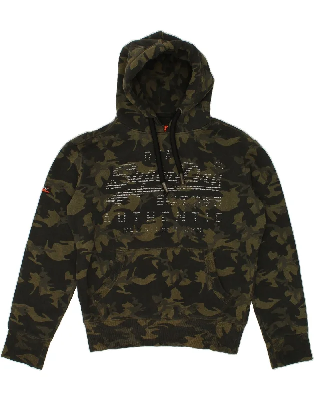 SUPERDRY Mens Graphic Hoodie Jumper Small Khaki Camouflage Cotton Hoodie with Button Placket Classic Preppy