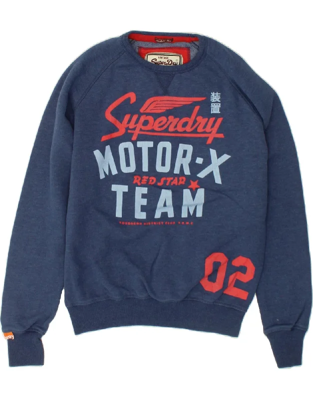 SUPERDRY Mens Graphic Sweatshirt Jumper Large Navy Blue Cotton Hoodie with Hem Raw Edge Edgy Unfinished