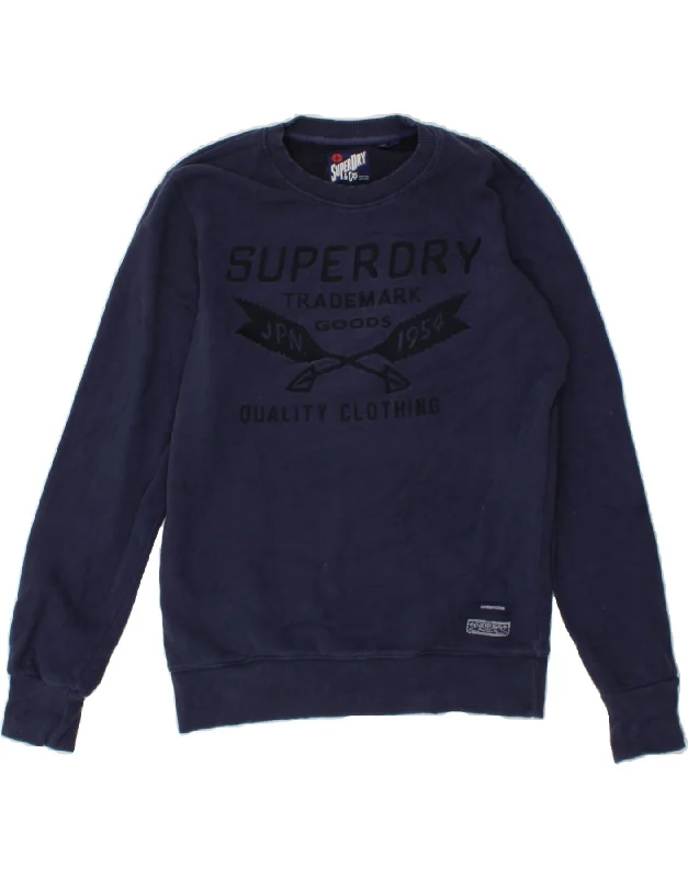 SUPERDRY Womens Graphic Sweatshirt Jumper UK 16 Large Navy Blue Cotton Hoodie with Cuffed Sleeves Snug Secure