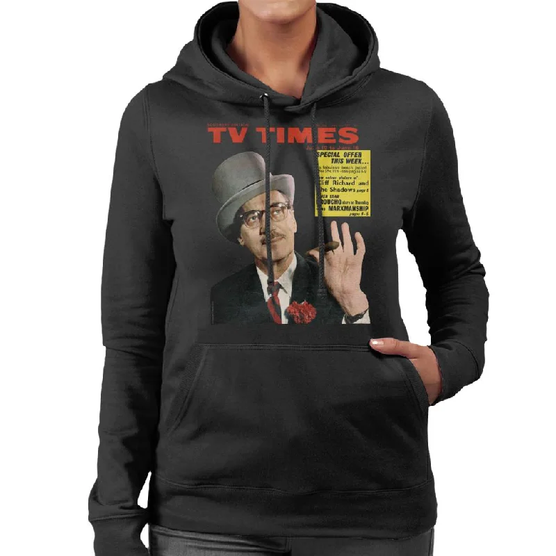 TV Times Groucho Marx 1965 Cover Women's Hooded Sweatshirt Hoodie with Hem Raw Edge Edgy Unfinished