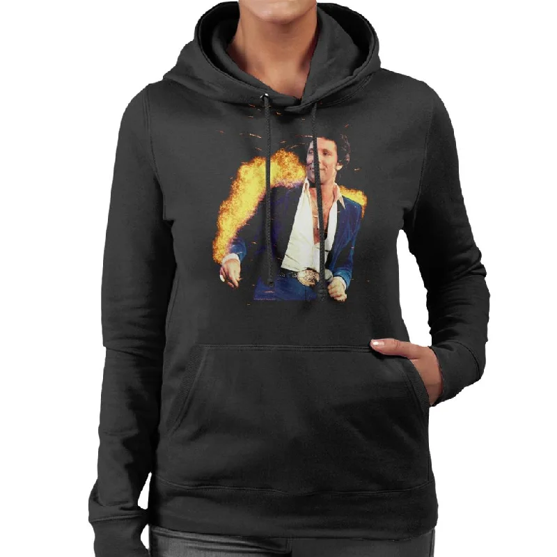 TV Times Tom Jones Open Shirt With Cross Chain 1984 Women's Hooded Sweatshirt Hoodie with Back Slit Movement Comfort