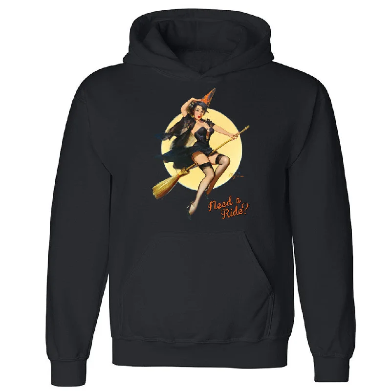 Zexpa Apparelâ„¢ Pin Up Riding High Unisex Hoodie Halloween Need A Ride Witch Hooded Sweatshirt Hoodie with Distressed Vintage Worn