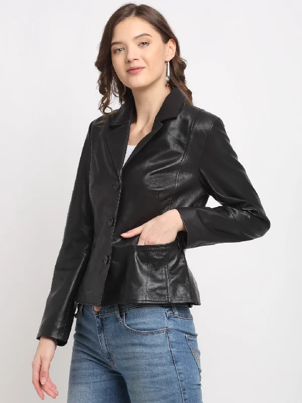 Teakwood Genuine Leathers Women`s Black Jacket Front Pockets Side Pockets Patch Pockets Teakwood Genuine Leathers Women`s Black Jacket Front Pockets Side Pockets Patch Pockets