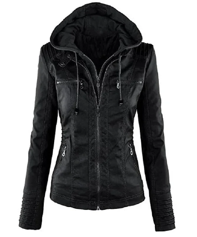 Women's Stylish Hooded Black Leather Biker Jacket Print Jacket Jacquard Jacket Patchwork Jacket Women's Stylish Hooded Black Leather Biker Jacket Print Jacket Jacquard Jacket Patchwork Jacket