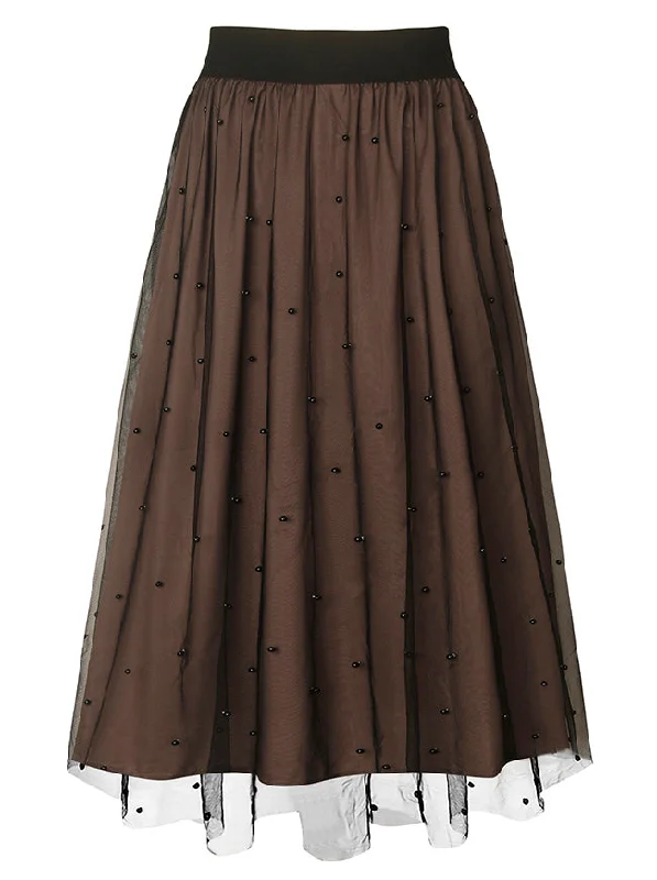 Brown Skirt Women Pearl Beaded Mesh Overlay A-Line Elastic Waist Layered Midi Skirt corduroy skirt cozy