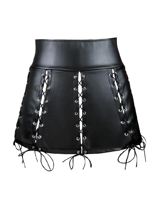 Women's Lace-up Steampunk Faux Leather Bodycon Short Skirt Party Mini Skirt satin skirt smooth