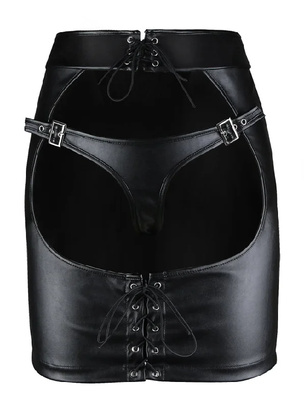 Women's Fashion Sexy Faux Leather Plus Size Open Hip Mini Skirt with Lace-up Leather velvet skirt luxury