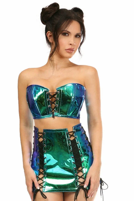 Daisy Corsets Lavish 2 PC Blue/Teal Holo Bustier & Skirt Set ruffled skirt detail