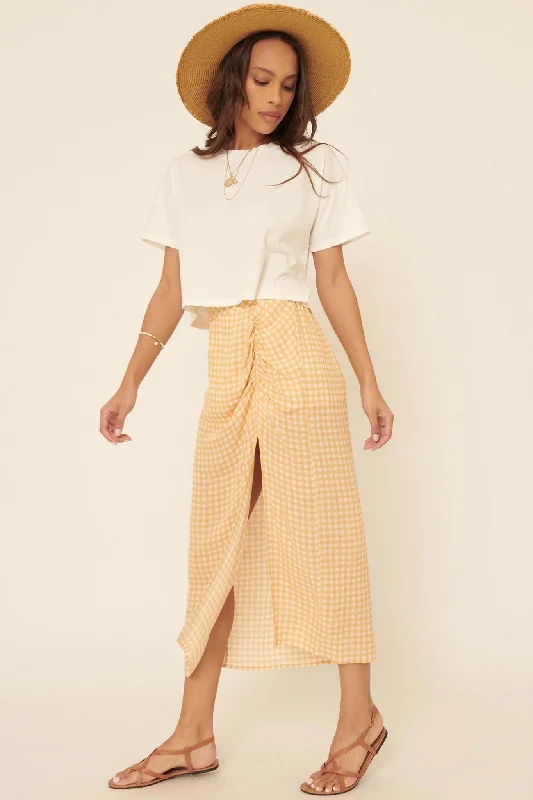 Delightful Days Ruched Gingham Midi Skirt leather skirt sleek