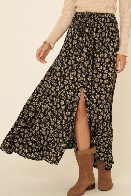 Harvest Blooms Floral Button-Front Maxi Skirt wool skirt breathable