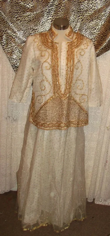 Indian wedding/ceremonial cream& gold polka dot shirt&skirt-gold beadwork detail cashmere skirt rich