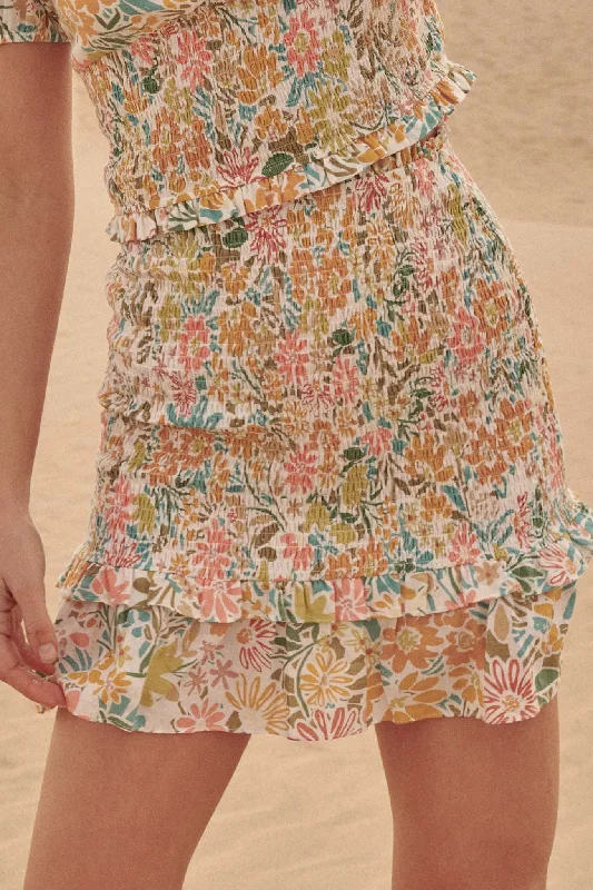 Joyful Blooms Smocked Floral Mini Skirt linen skirt airy