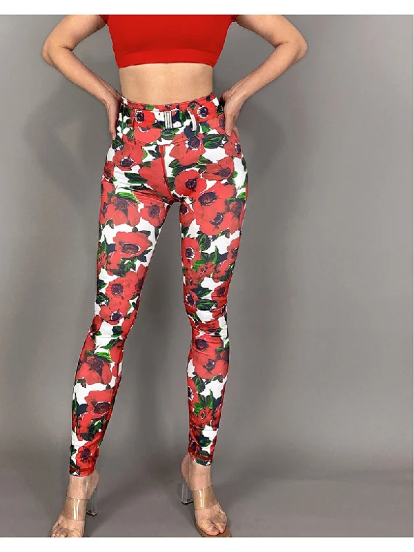 La Fitwear Legging Belt Red Floral Elegant Textured Leggings