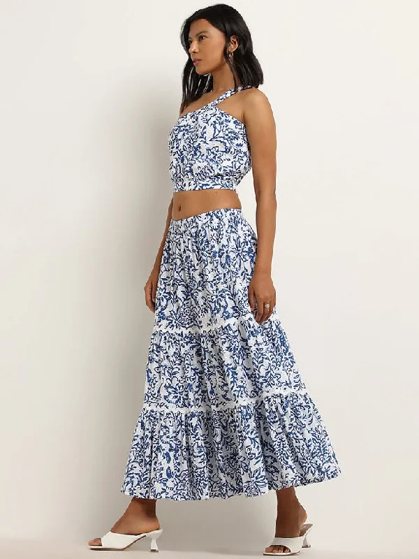 LOV Blue Printed Cotton Tiered Skirt pleated skirt texture