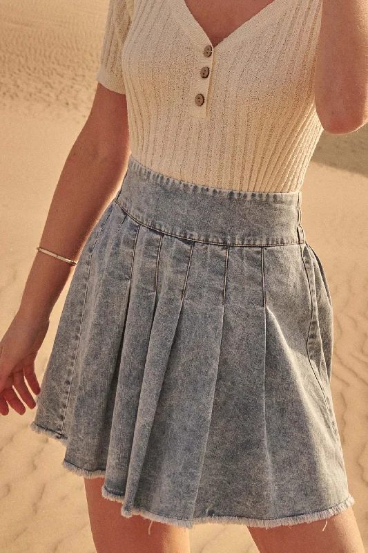 Love All Denim Frayed-Hem Pleated Tennis Skirt silk skirt sleek