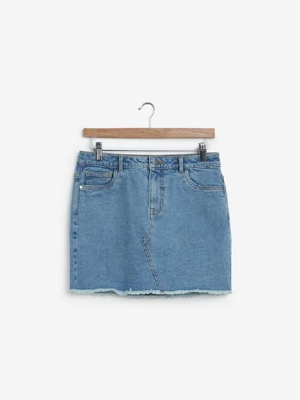 Nuon Blue Frayed Denim Skirt satin skirt smooth