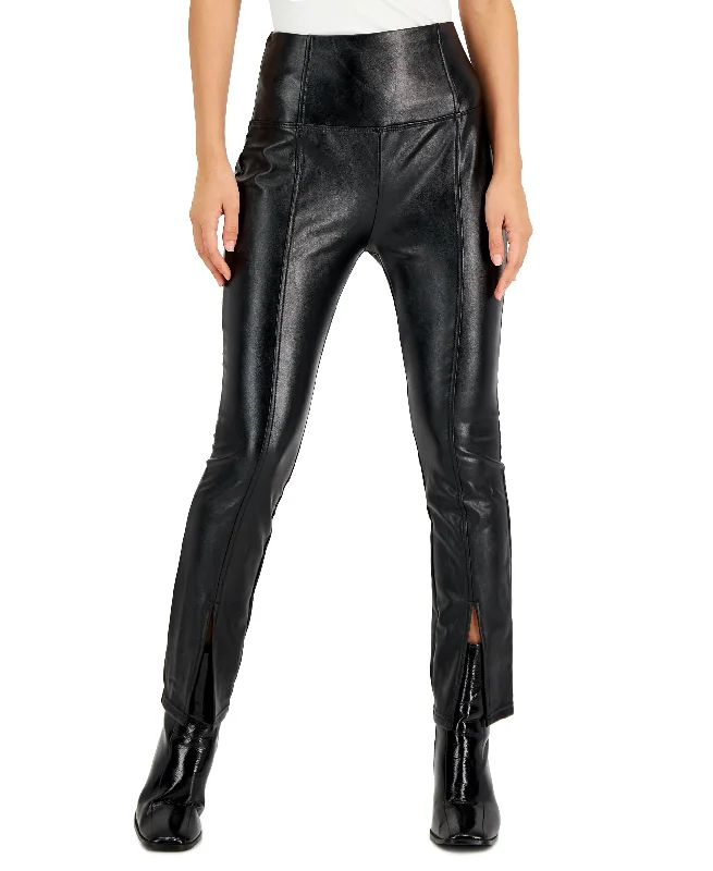 Petite Faux-Leather Slit-Front-Hem Leggings Comfortable Full-Body Compression Leggings