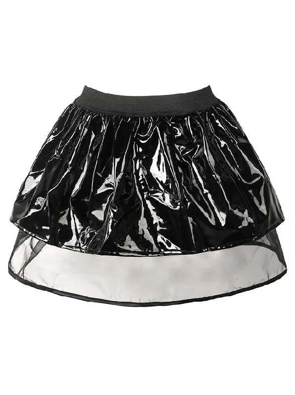 Punk Glossy Patent Faux Leather A-line Mini Skirt with See-through Mesh Liner cashmere skirt rich