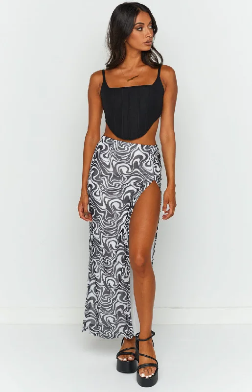 Rihannon Black Print Midi Skirt elastic waist skirt