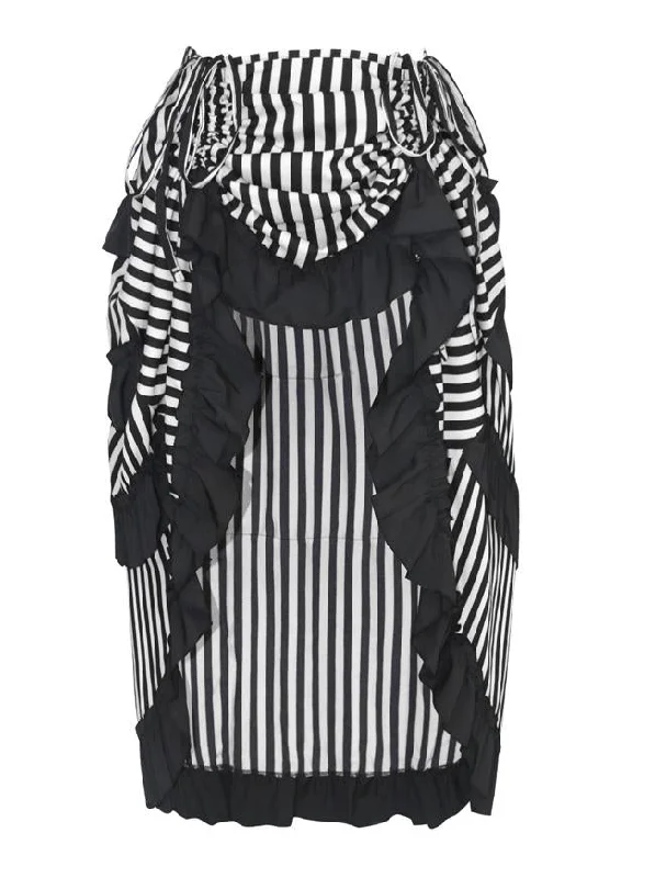 Victorian Steampunk Gothic Irregular High-low Ruffle Skirt /Black and White Stripes cashmere skirt fine