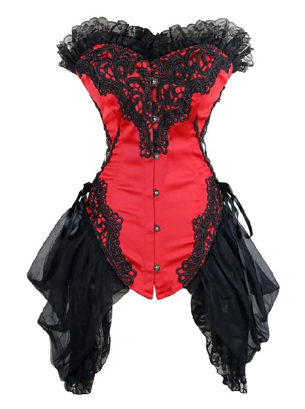 Gothic Floral Embroidery Mesh Princess Bustier Corset with Lace Skirt Red chiffon skirt airy