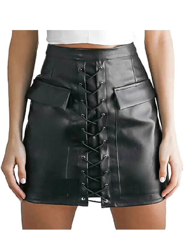 Women's Steampunk Faux Leather High Waist Lace Up Bodycon A-line Mini Skirt silk skirt lustrous