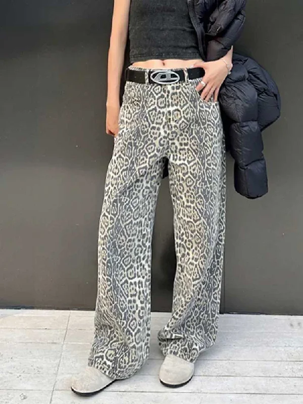 American Retro Leopard High Waist Baggy Jeans Women Casual Pants Fashionable Distressed Jeans