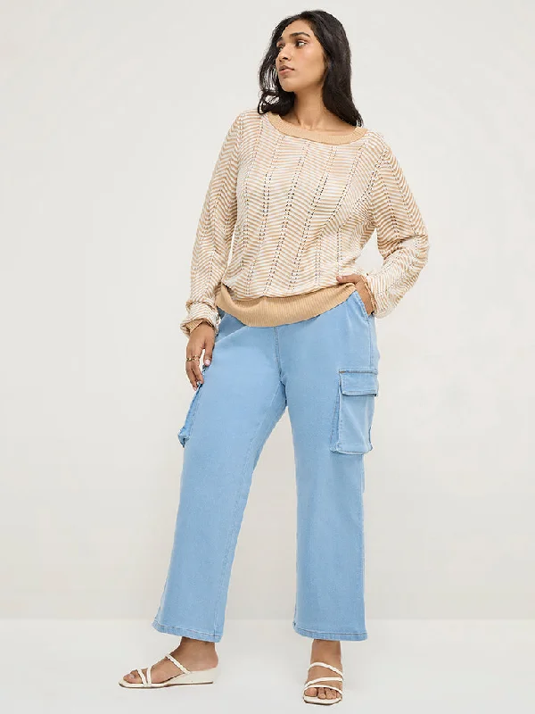 Gia Light Blue Cargo-Style Straight - Fit High - Rise Jeans Trendy Pleated Waist Jeans