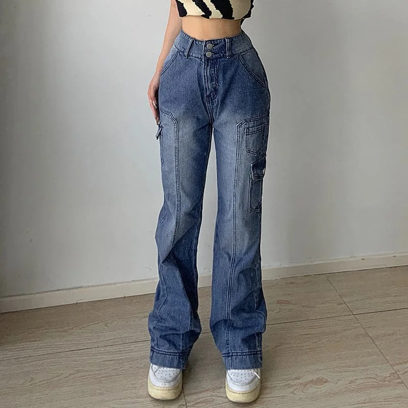 High rise straight leg button gradient pocket jeans Fashionable Button-Front Jeans