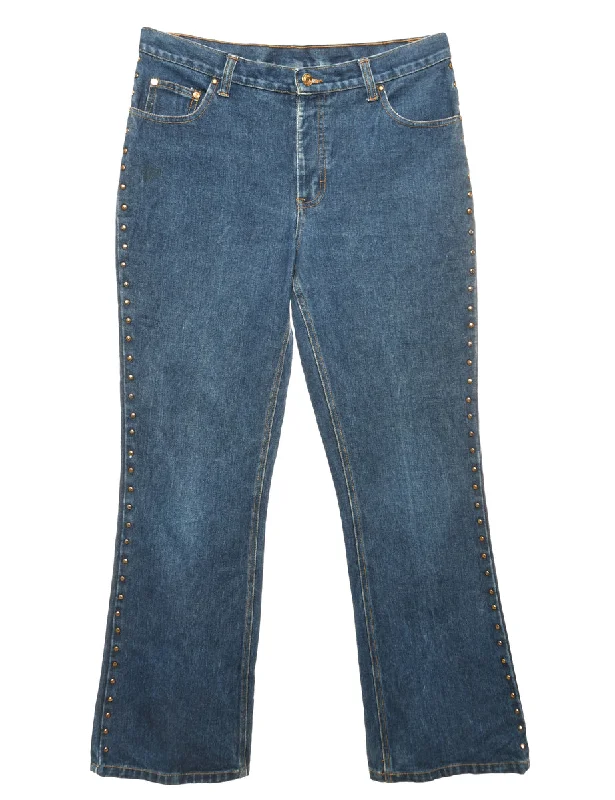 Indigo Zip Front Flared Jeans - W34 L32 Casual High-Waisted Bootcut Jeans