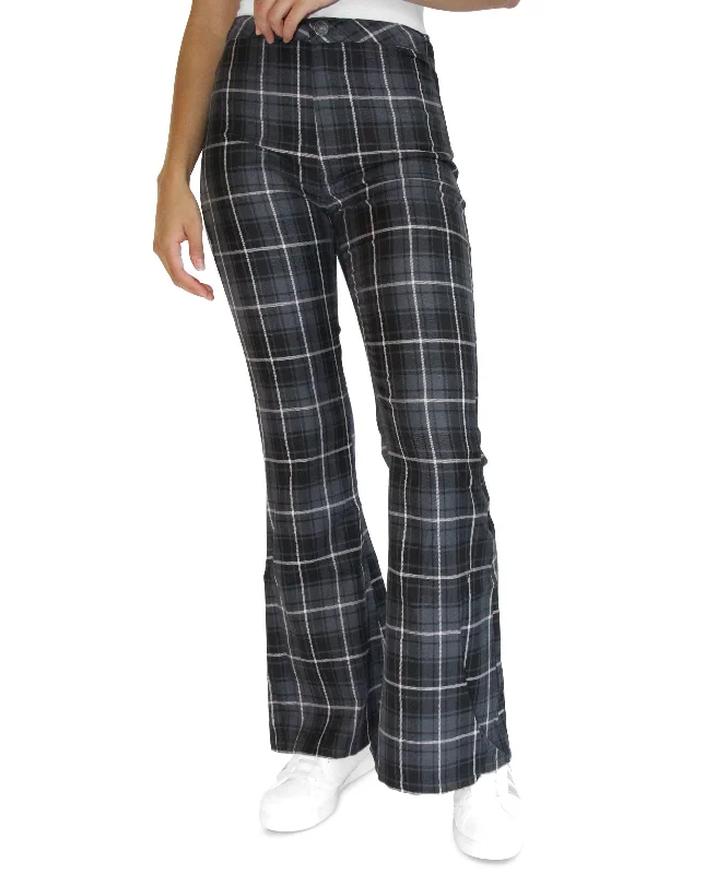 Juniors' High Rise Plaid Flare Jeans Cozy Wide-Legged Jeans