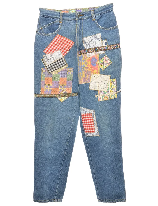 Light Wash Patchwork Applique Tapered Jeans - W28 L28 Cozy Tencel Blend Denim Jeans