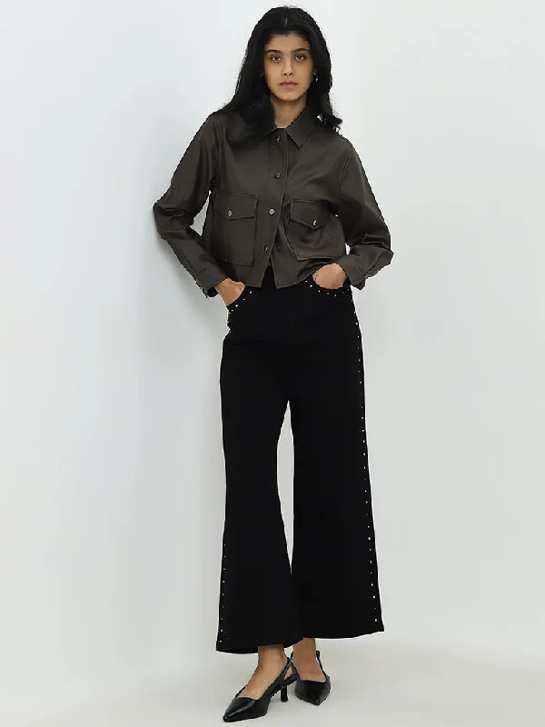 LOV Black Embellished Wide Leg - Fit High - Rise Jeans Elegant Raw Hem Jeans