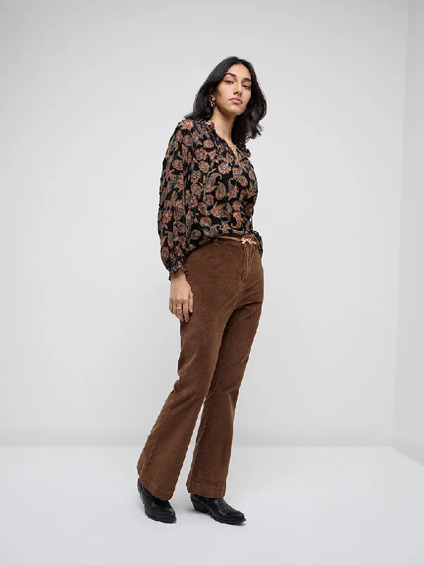 LOV Brown Wide Leg - Fit High - Rise Corduroy Jeans Classic Button Fly Jeans