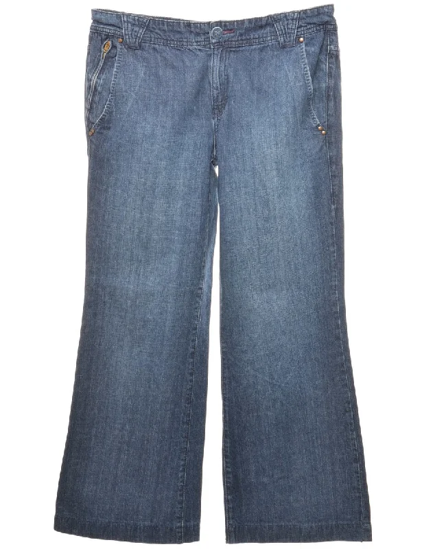 Medium Wash Wide Leg Jeans - W34 L28 Trendy Button-Up High-Waist Jeans