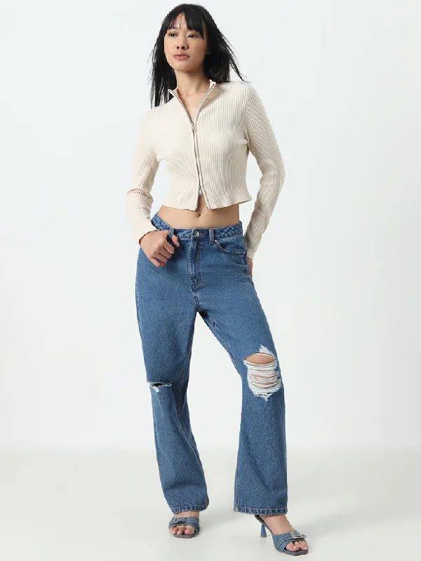 Nuon Blue Ripped Relaxed - Fit High - Rise Jeans Fashionable Relaxed Fit Denim